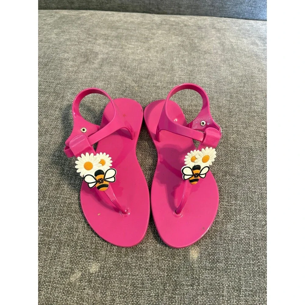 Petite Jolie Pink white daisies and bee detail thong jelly sandals size 12.5